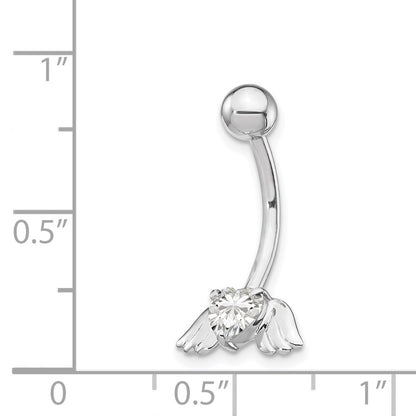 10k White Gold 14 Gauge CZ Heart with Angel Wings Belly Dangle