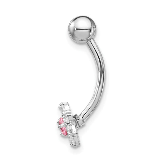 10k White Gold 14 Gauge CZ Flower with Pink Center Belly Dangle