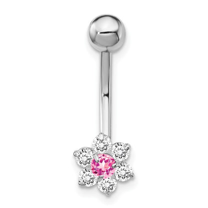 10k White Gold 14 Gauge CZ Flower with Pink Center Belly Dangle