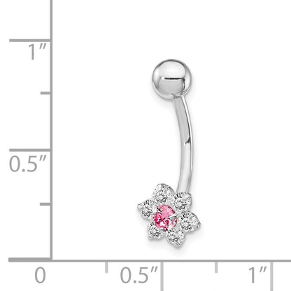 10k White Gold 14 Gauge CZ Flower with Pink Center Belly Dangle