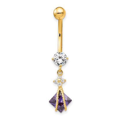 10k Square Amethyst and CZ Belly Dangle