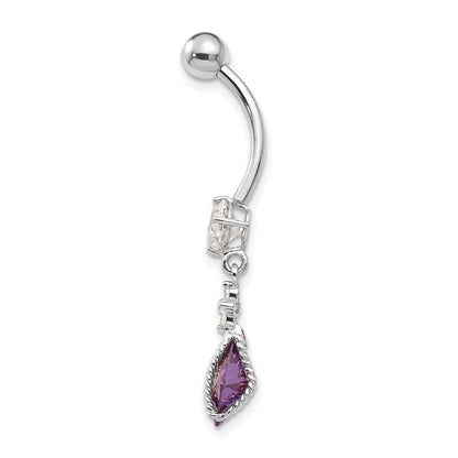 10k White Gold Square Amethyst and CZ Belly Dangle