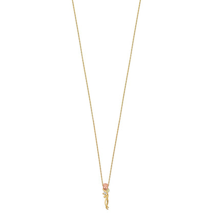 10k and 12k Tri-color Black Hills Gold 1/20 carat Diamond Long-stemmed Rose 14k Gold-filled Chain 18 inch Necklace