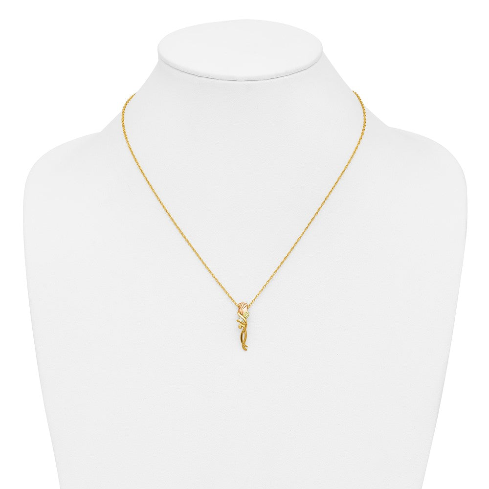10k and 12k Tri-color Black Hills Gold 1/20 carat Diamond Long-stemmed Rose 14k Gold-filled Chain 18 inch Necklace