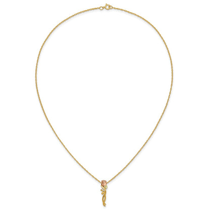 10k and 12k Tri-color Black Hills Gold 1/20 carat Diamond Long-stemmed Rose 14k Gold-filled Chain 18 inch Necklace