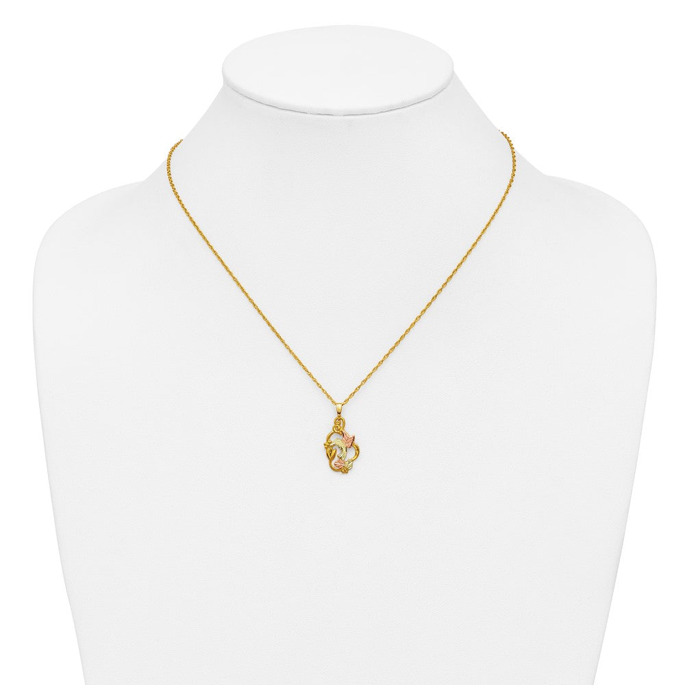 10k and 12k Tri-color Black Hills Gold Hummingbird with Flower and Leaves 14k Gold-filled Chain 18 inch Necklace