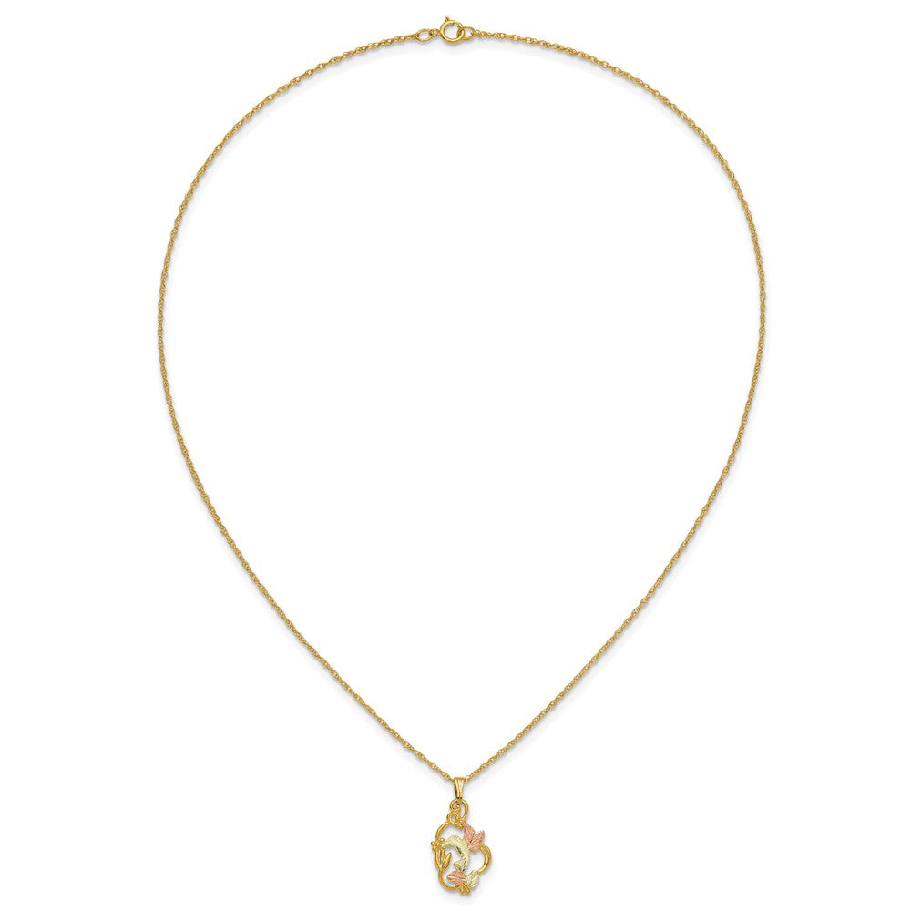 10k and 12k Tri-color Black Hills Gold Hummingbird with Flower and Leaves 14k Gold-filled Chain 18 inch Necklace