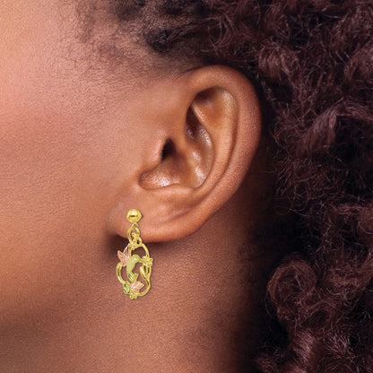 10k and 12k Tri-color Black Hills Gold Hummingbird with Flower and Leaves Dangle Post Earrings