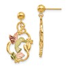 10k and 12k Tri-color Black Hills Gold Hummingbird with Flower and Leaves Dangle Post Earrings
