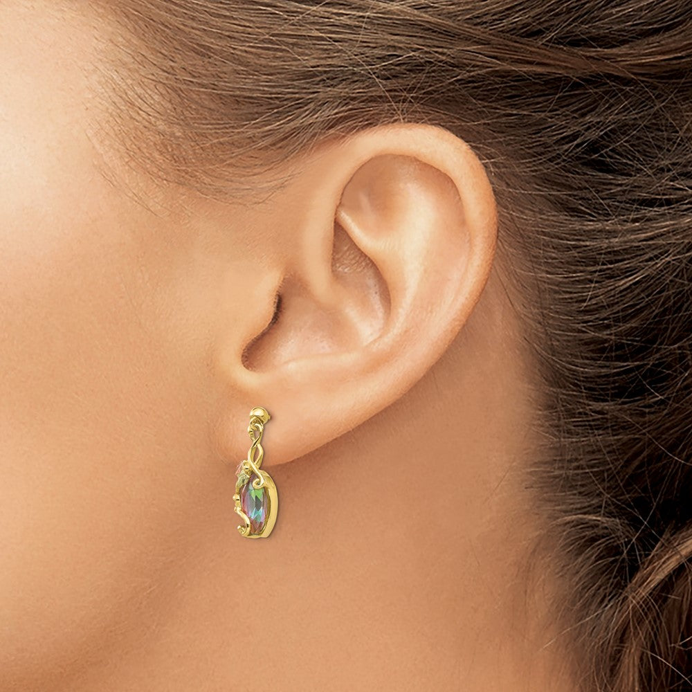 10k and 12k Tri-color Black Hills Gold Marquise Mystic Fire Topaz and Leaves Post Dangle Earrings