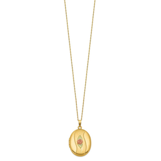 10k and 12k Tri-color Black Hills Gold 32mm Rose Oval Locket 14k Gold-filled Chain 18 inch Necklace
