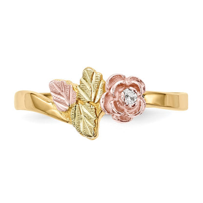 10k and 12k Tri-color Black Hills Gold Diamond Rose and Leaves Ring