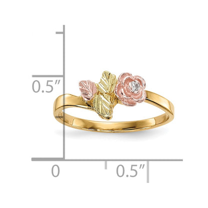 10k and 12k Tri-color Black Hills Gold Diamond Rose and Leaves Ring