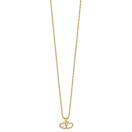 10k and 12k Tri-color Black Hills Gold Double Heart and Leaves 14k Gold-filled Chain 18 inch Necklace