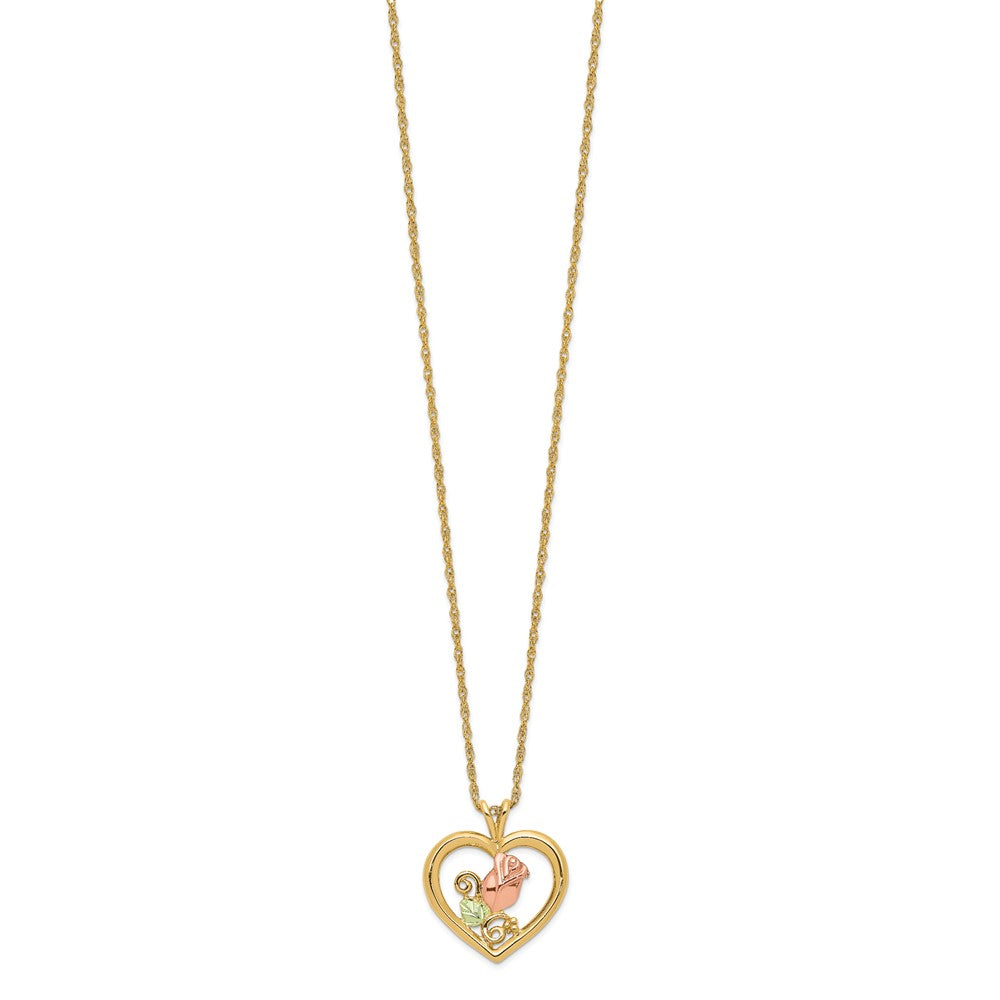 10k and 12k Tri-color Black Hills Gold Rosebud and Leaf in Heart 14k Gold-filled Chain 18 inch Necklace
