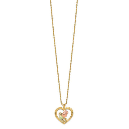10k and 12k Tri-color Black Hills Gold Rosebud and Leaf in Heart 14k Gold-filled Chain 18 inch Necklace