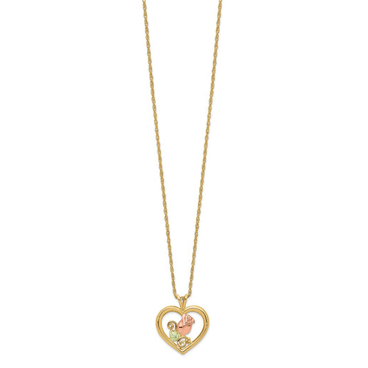 10k and 12k Tri-color Black Hills Gold Rosebud and Leaf in Heart 14k Gold-filled Chain 18 inch Necklace