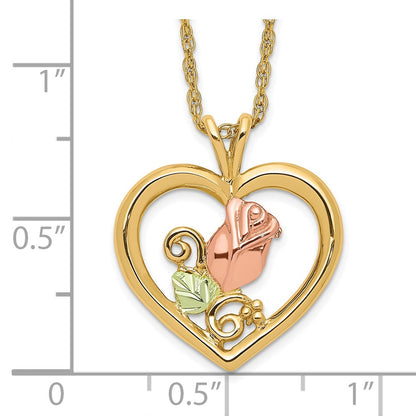 10k and 12k Tri-color Black Hills Gold Rosebud and Leaf in Heart 14k Gold-filled Chain 18 inch Necklace