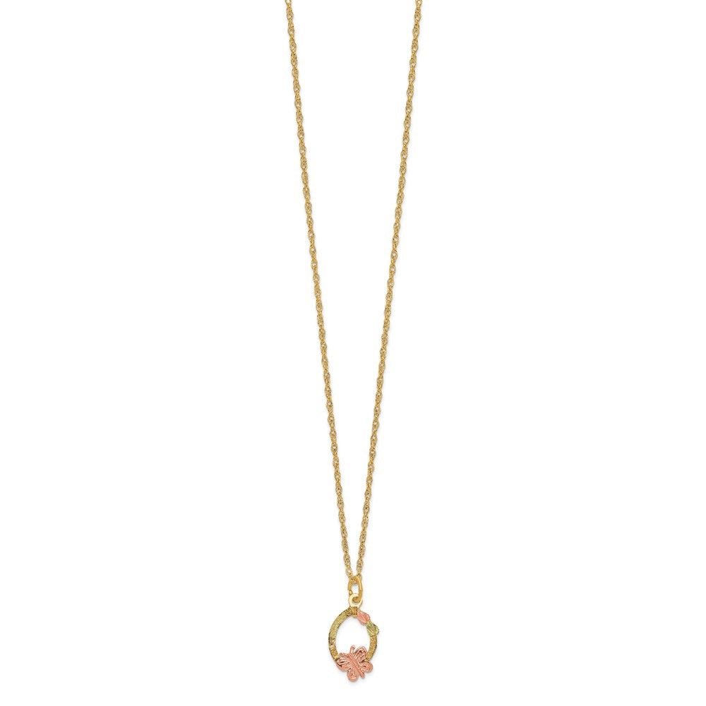 10k and 12k Tri-color Black Hills Gold Butterfly and Leaves on Oval 14k Gold-filled Chain 18 inch Necklace