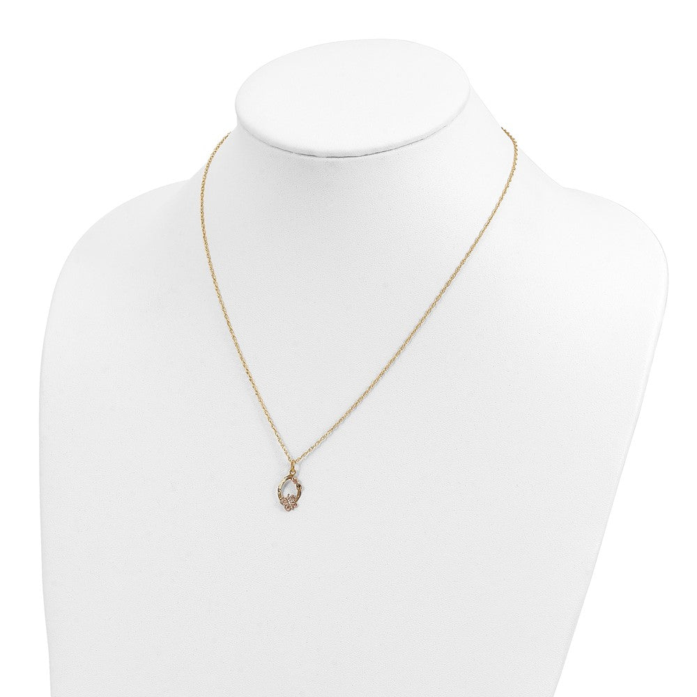 10k and 12k Tri-color Black Hills Gold Butterfly and Leaves on Oval 14k Gold-filled Chain 18 inch Necklace