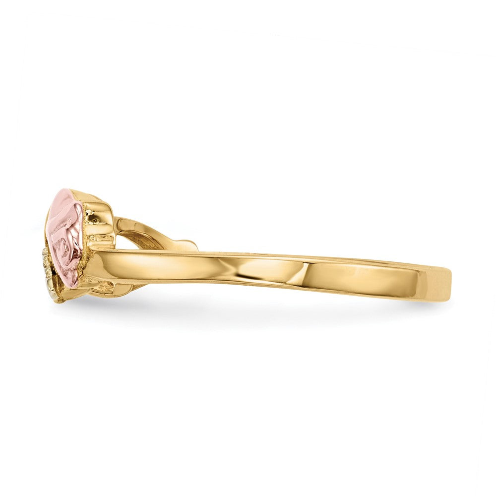 10k and 12k Tri-color Black Hills Gold 1/20 carat Diamond Rosebud and Leaf Ring