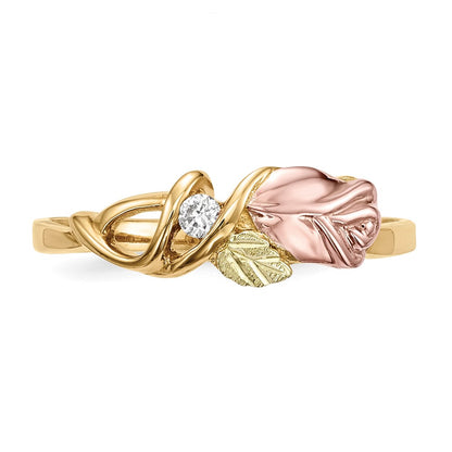 10k and 12k Tri-color Black Hills Gold 1/20 carat Diamond Rosebud and Leaf Ring