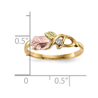10k and 12k Tri-color Black Hills Gold 1/20 carat Diamond Rosebud and Leaf Ring