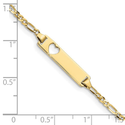 10k Polished Solid Chain/Solid Plate Figaro Link Cut-out Heart 21x5mm Plate 6 inch Baby/Child ID Bracelet