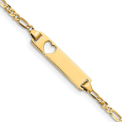 10k Polished Solid Chain/Solid Plate Figaro Link Cut-out Heart 21x5mm Plate 5.5 inch Baby/Child ID Bracelet