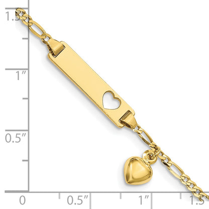 10k Polished Solid Chain/Solid Plate Cut-out Heart with Puffed Heart Dangle Figaro Link 21x5mm Plate 6 inch Baby/Child ID Bracelet