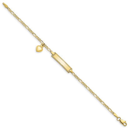 10k Polished Solid Chain/Solid Plate Puffed Heart Dangle Figaro Link 21x6mm Plate 6 inch Baby/Child ID Bracelet