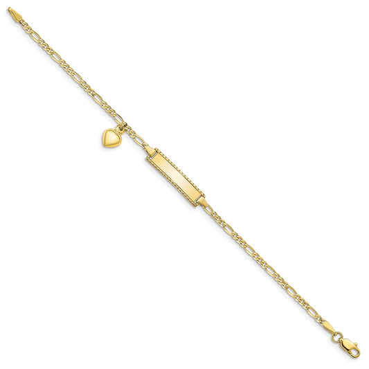 10k Polished Solid Chain/Solid Plate Puffed Heart Dangle Figaro Link 21x6mm Plate 6 inch Baby/Child ID Bracelet