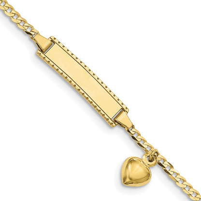 10k Polished Solid Chain/Solid Plate Puffed Heart Dangle Curb Link 21x5mm Plate 6 inch Baby/Child ID Bracelet
