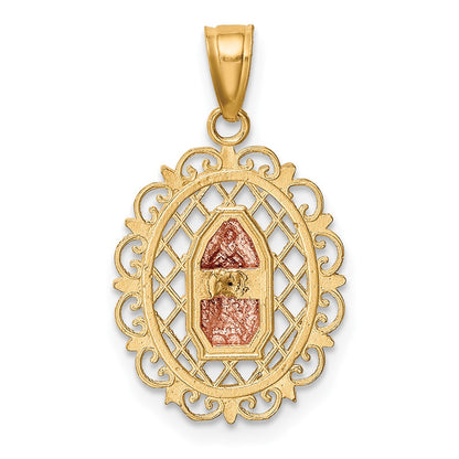 10k Two-tone and White Rhodium Oval Our Lady of Guadalupe with Scalloped Border Pendant