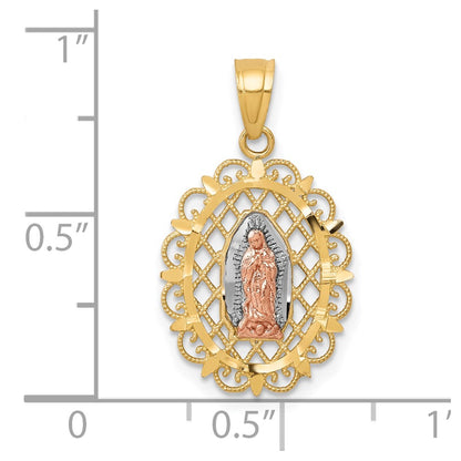 10k Two-tone and White Rhodium Oval Our Lady of Guadalupe with Scalloped Border Pendant