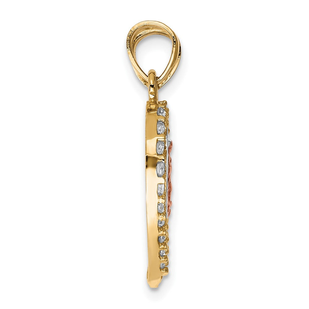 10k Two-tone and White Rhodium CZ Our Lady of Guadalupe / Cross Break-apart Heart Pendant