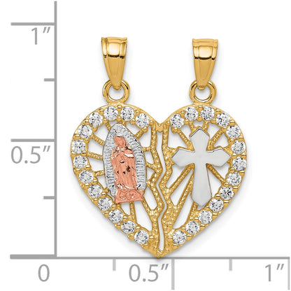 10k Two-tone and White Rhodium CZ Our Lady of Guadalupe / Cross Break-apart Heart Pendant
