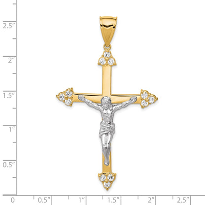 10K and White Rhodium Polished CZ Large Crucifix Pendant