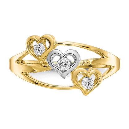 10K and White Rhodium Triple Heart 3-Stone CZ Ring