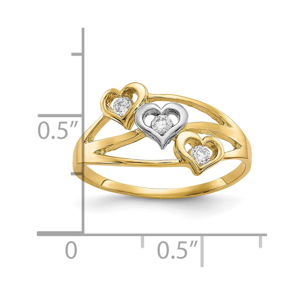 10K and White Rhodium Triple Heart 3-Stone CZ Ring