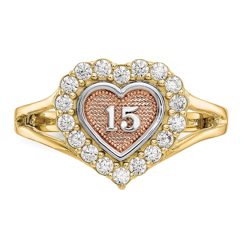 10k Two-tone with White Rhodium 15 Heart CZ Halo Ring