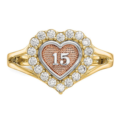 10k Two-tone with White Rhodium 15 Heart CZ Halo Ring