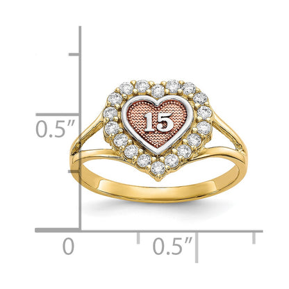 10k Two-tone with White Rhodium 15 Heart CZ Halo Ring