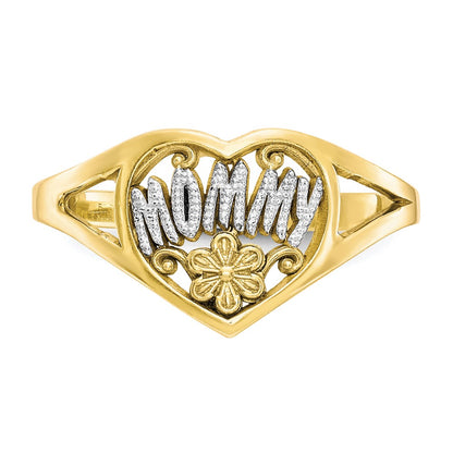 10K and White Rhodium MOMMY with Flower Heart Ring