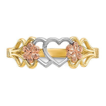 10K Two-Tone and White Rhodium Double Heart and Flowers Ring