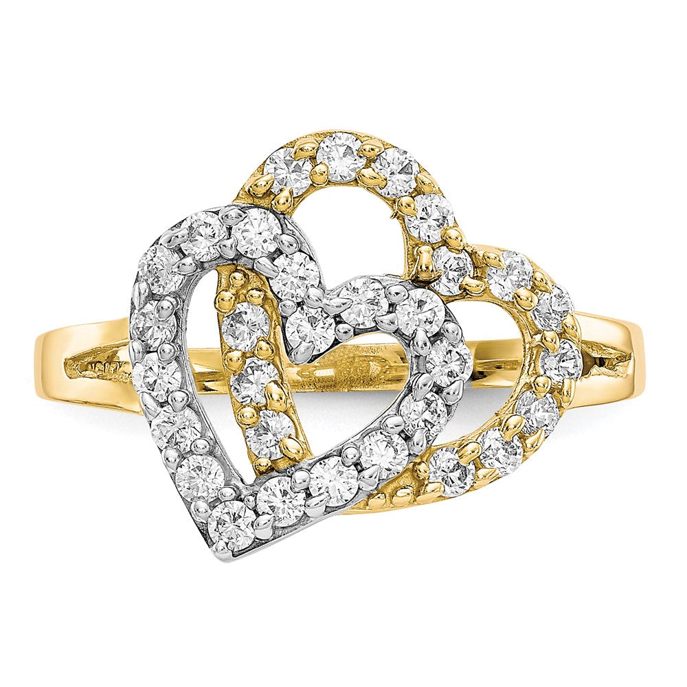 10K and White Rhodium Double Heart CZ Ring