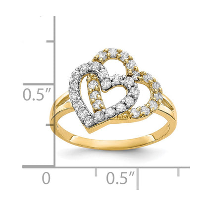 10K and White Rhodium Double Heart CZ Ring