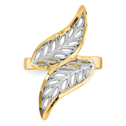 10K and White Rhodium Diamond-Cut Filigree Leaves Bypass Ring