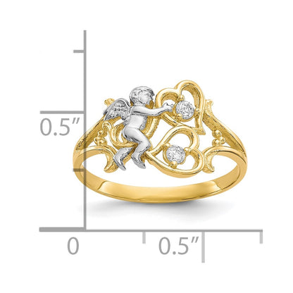 10k and White Rhodium CZ Angel with Hearts Ring