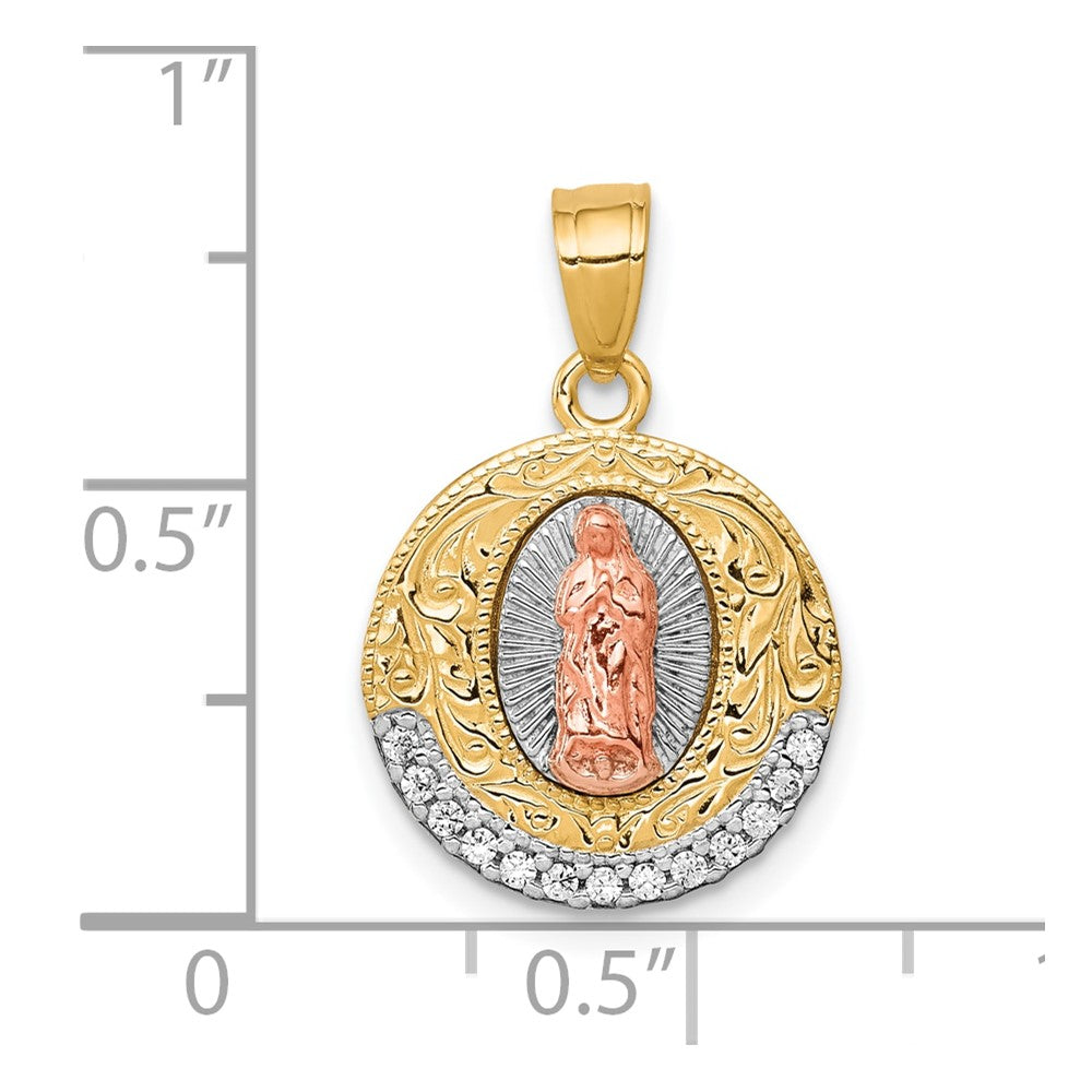 10K Two-Tone and White Rhodium CZ Round Our Lady Of Guadalupe Pendant